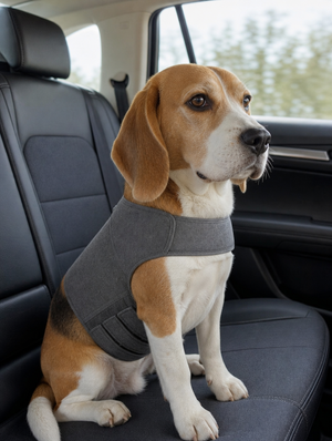 Beagle wearing the grey Pabu CalmHug calming vest in a car seat