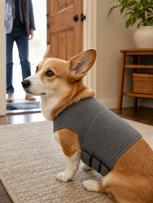 Corgi in the grey Pabu CalmHug calming vest greeting a visitor at the door