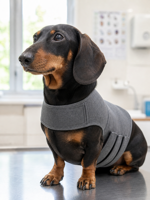 Dachshund in the grey Pabu CalmHug calming vest at the vet