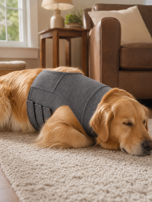 Golden Retriever resting in the grey Pabu CalmHug calming vest at home