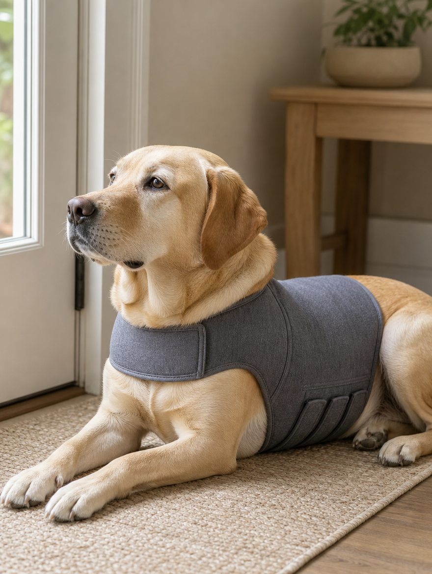 Yellow Labrador wearing the grey Pabu CalmHug calming vest by the front door