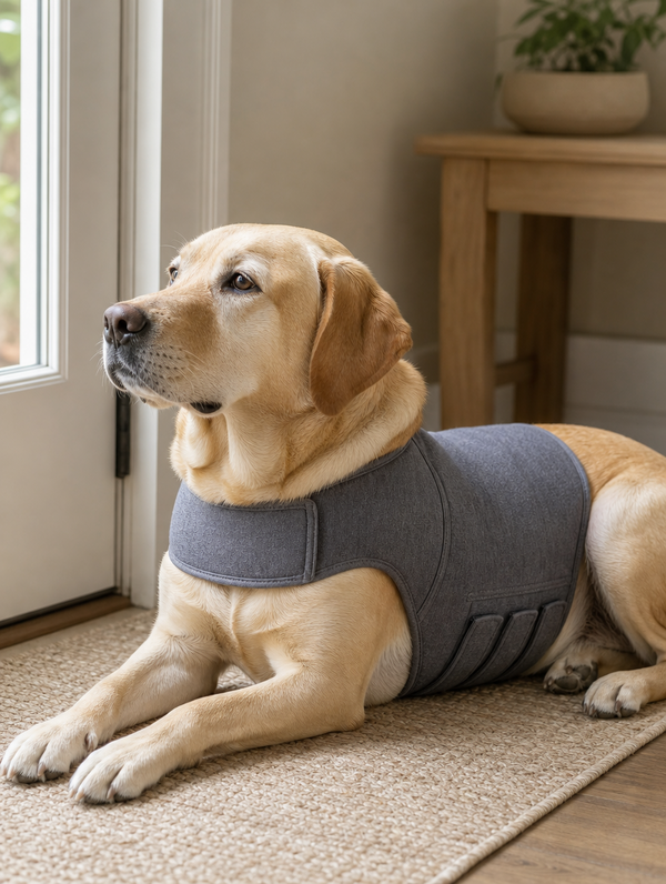 Yellow Labrador wearing the grey Pabu CalmHug calming vest by the front door
