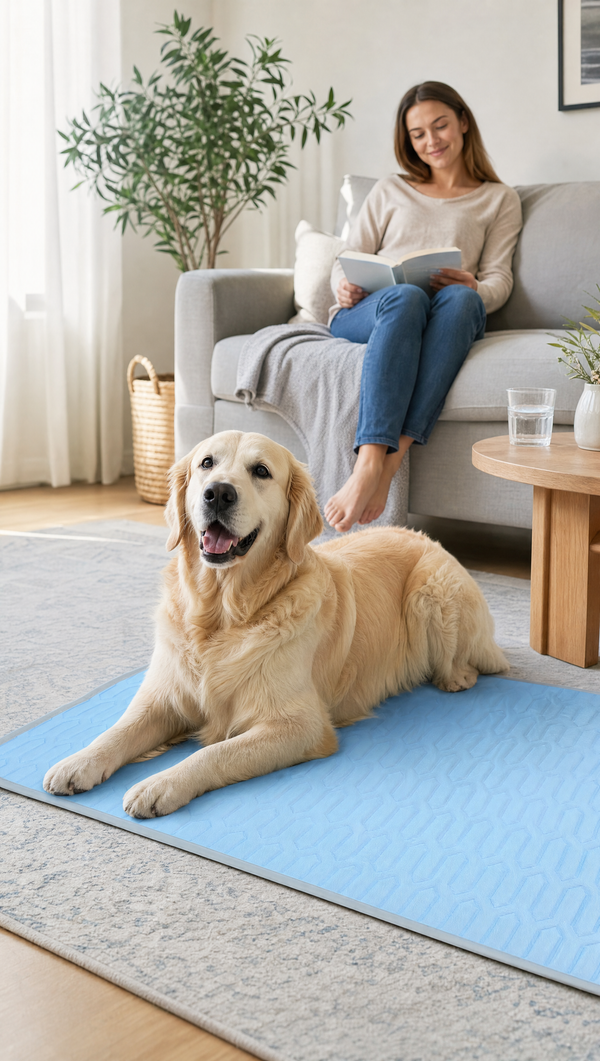 Golden retriever relaxing on the blue ChillPaws cooling mat