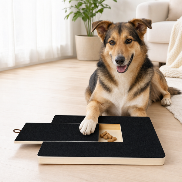 Calm German Shepherd resting a paw on the CalmClaws nail-filing board